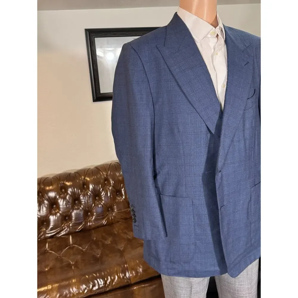 Tom Ford Blue Plaid Blazer 58C EU) 48S US Men's Peak Lapel Windsor Wool